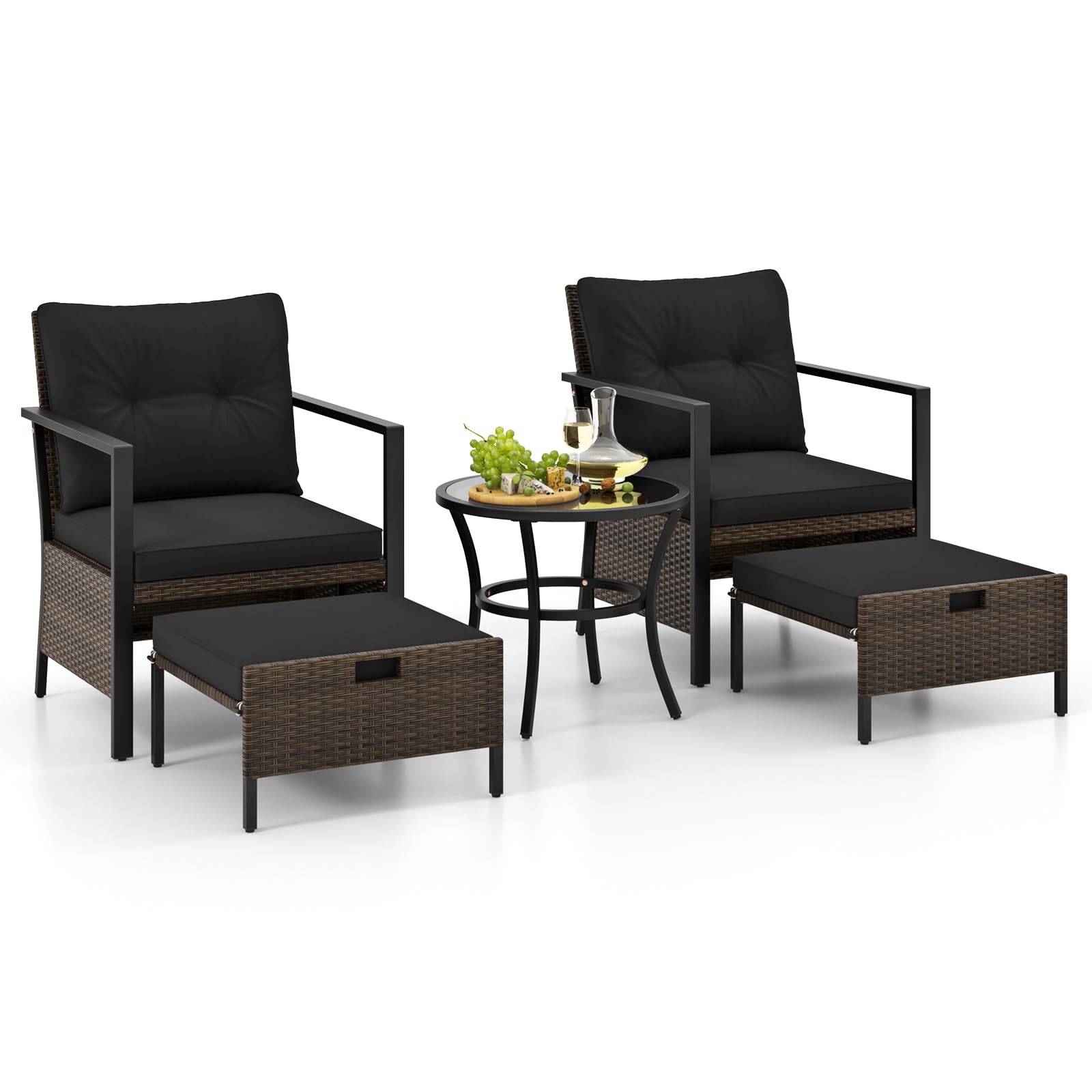 Tangkula 5 Piece Outdoor Furniture Set, Rattan Chairs & Ottomans w/Round Glass Topped Coffee Table